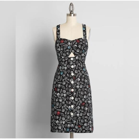 ModCloth Seashells Dress 8 Black Beach Vacation Cutout Linen Retro Coastal New - Picture 6 of 9